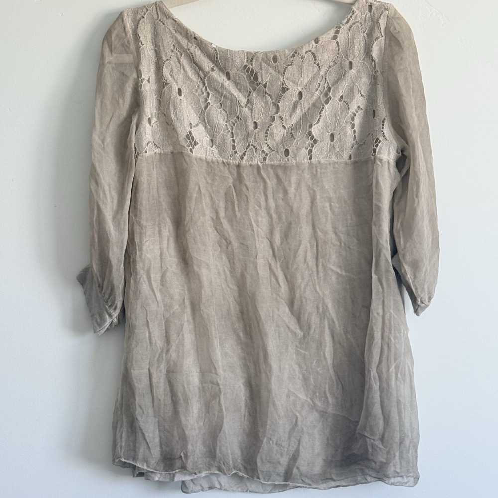 AMANTI Silk Taupe blouse Women M Lace Italy Romantic Poet Forest Fairy Whimsy - Picture 12 of 12